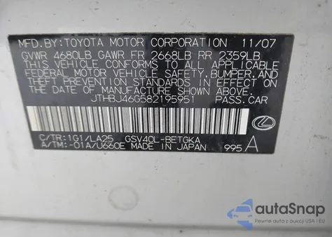 2008 Lexus Es 350 from USA, damaged, VIN JTHBJ46G582195951